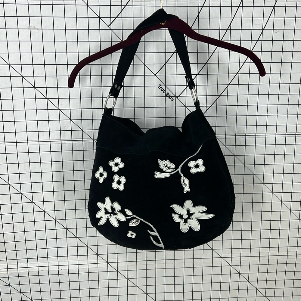 Black suede, leather floral patch, hobo shoulder purse